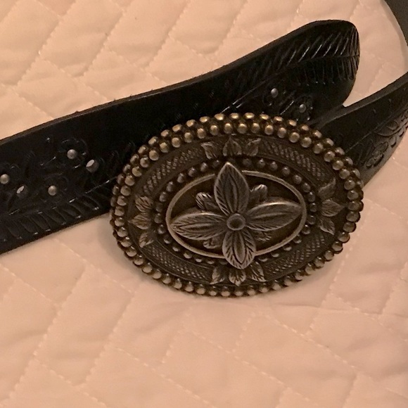 Black Leather Floral Tooled & Studded Belt with Metal Buckle - Picture 4 of 4